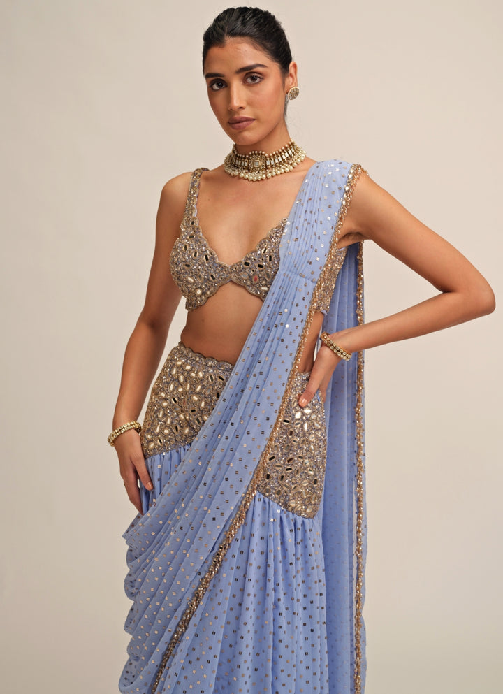 Dew Blue Georgette Pre-Draped Saree