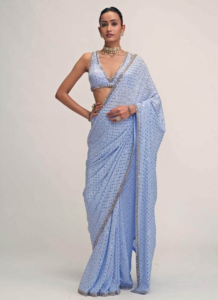 Dew Blue Embroidered Crepe Pre-Draped Saree