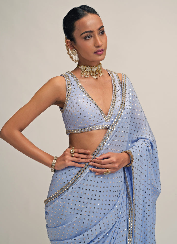 Dew Blue Embroidered Crepe Pre-Draped Saree