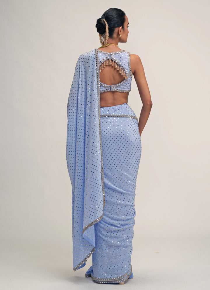 Dew Blue Embroidered Crepe Pre-Draped Saree