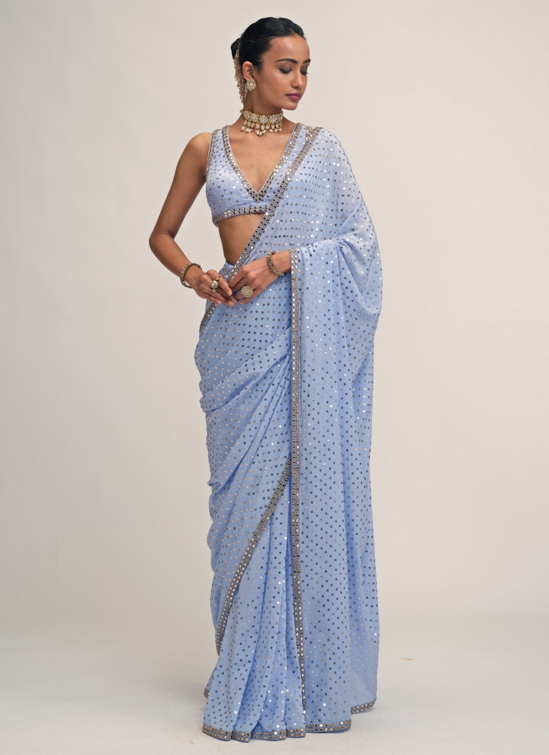 Dew Blue Embroidered Crepe Pre-Draped Saree