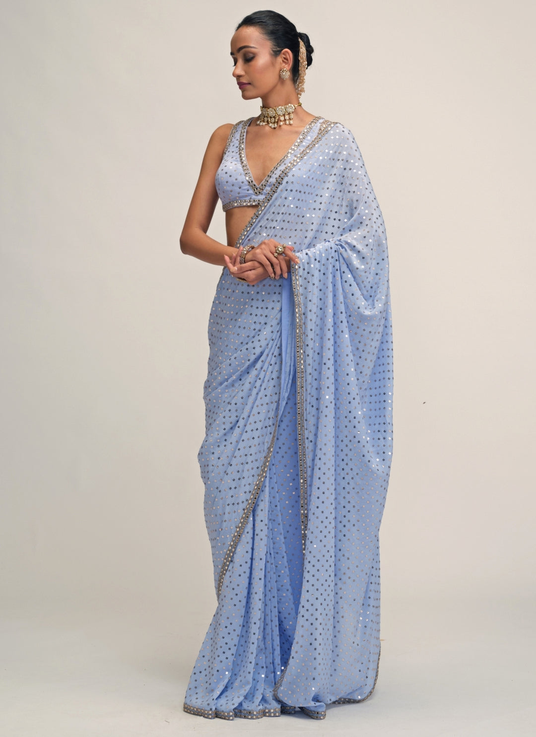 Dew Blue Embroidered Crepe Pre-Draped Saree