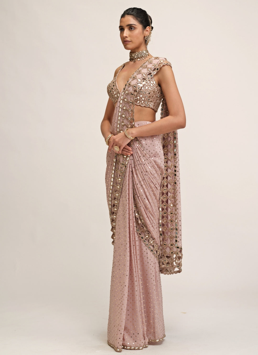 Ash Pink Embroidered Pre-Draped Crepe Saree