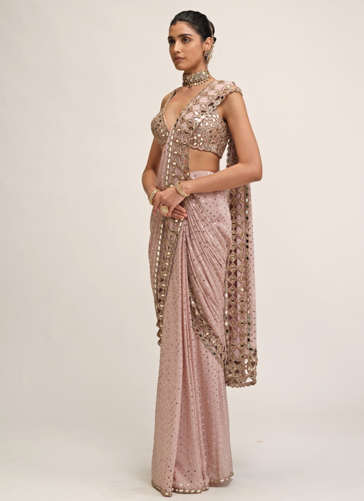 Ash Pink Embroidered Pre-Draped Crepe Saree