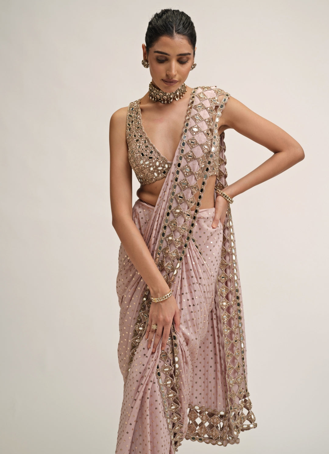 Ash Pink Embroidered Pre-Draped Crepe Saree