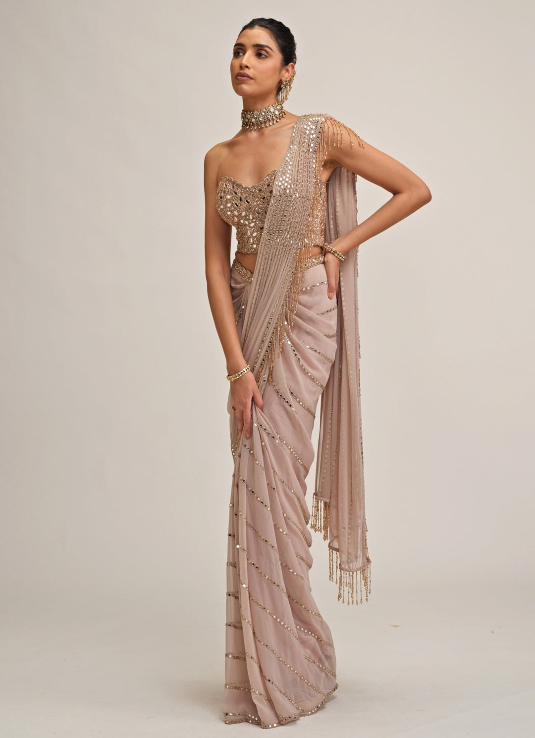 Ash Pink Linear Mirror Georgette Pre-Draped Saree