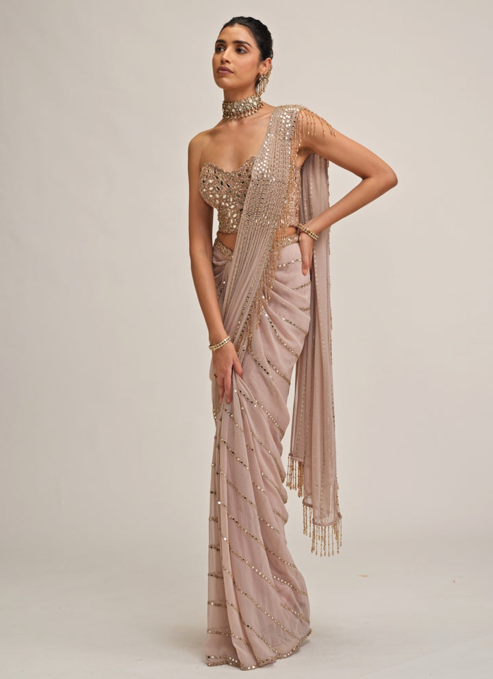 Ash Pink Linear Mirror Georgette Pre-Draped Saree
