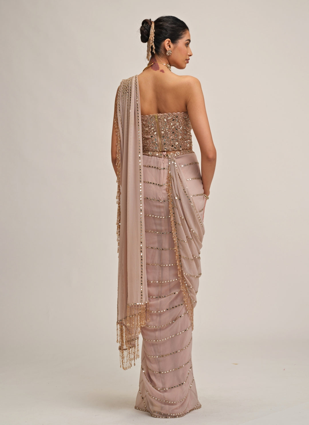 Ash Pink Linear Mirror Georgette Pre-Draped Saree