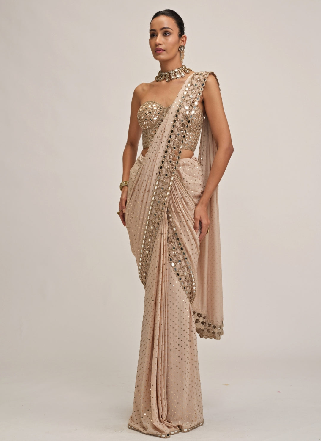 Beige Gold Georgette Pre-Draped Saree