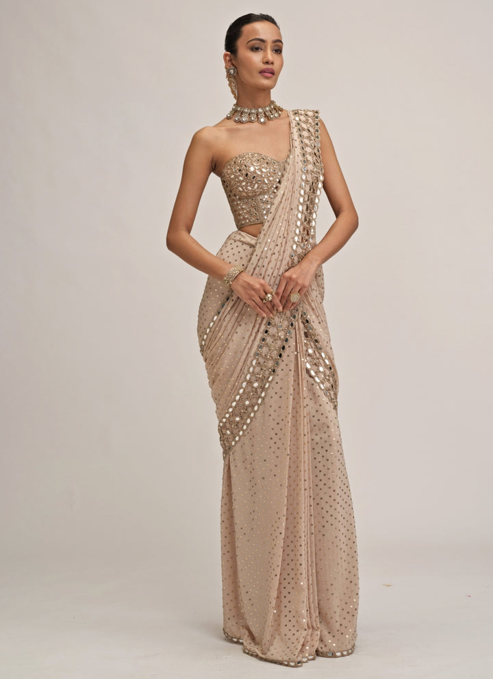Beige Gold Georgette Pre-Draped Saree