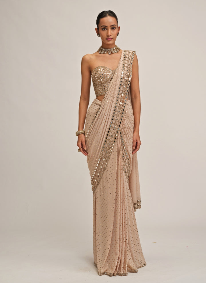 Beige Gold Georgette Pre-Draped Saree
