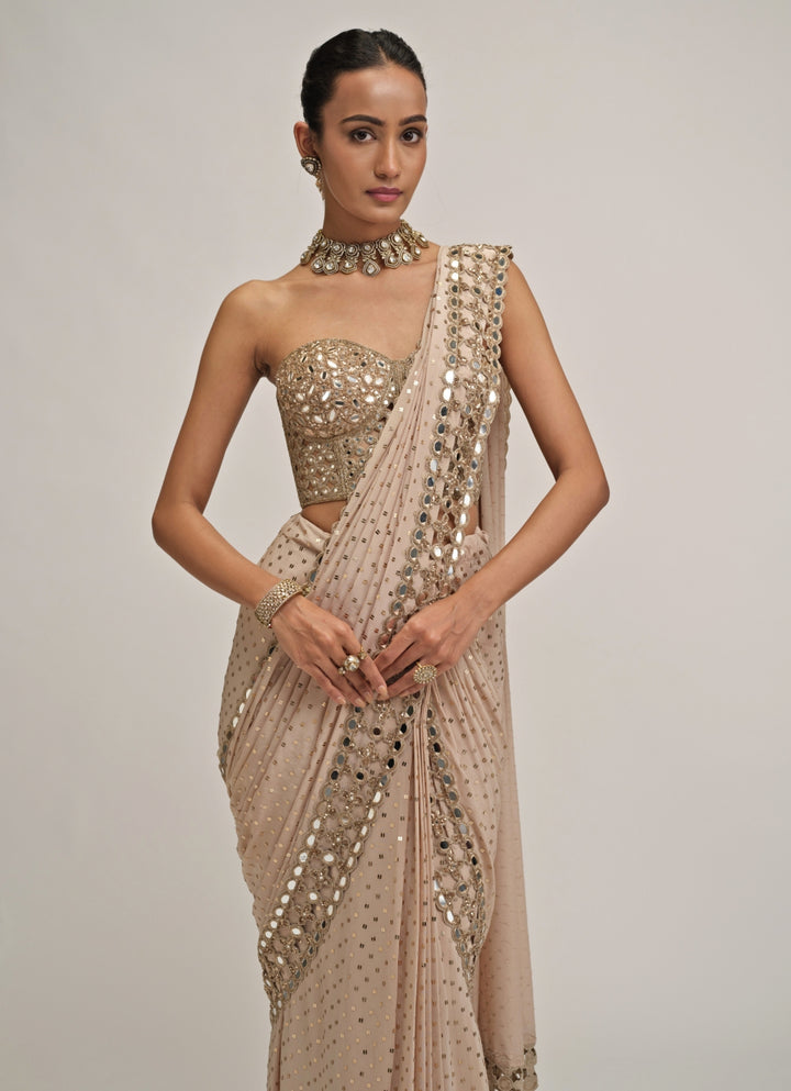 Beige Gold Georgette Pre-Draped Saree