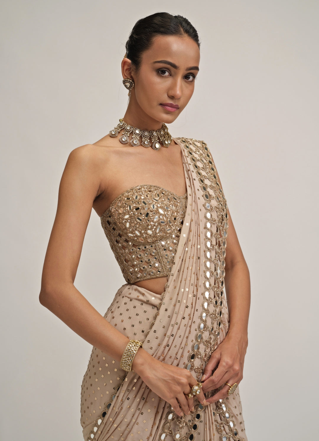 Beige Gold Georgette Pre-Draped Saree
