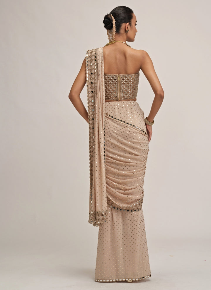 Beige Gold Georgette Pre-Draped Saree