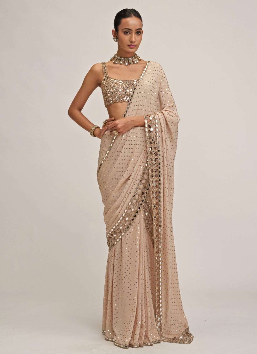 Beige Gold Embroidered Georgette Pre-Draped Saree