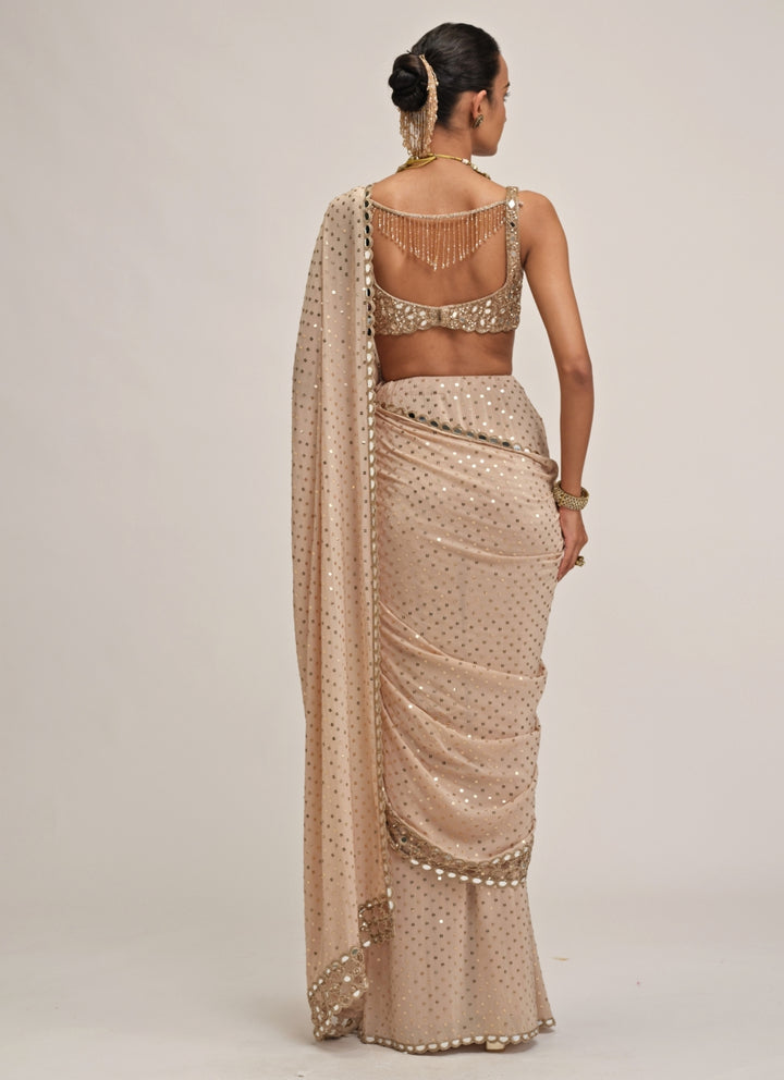 Beige Gold Embroidered Georgette Pre-Draped Saree