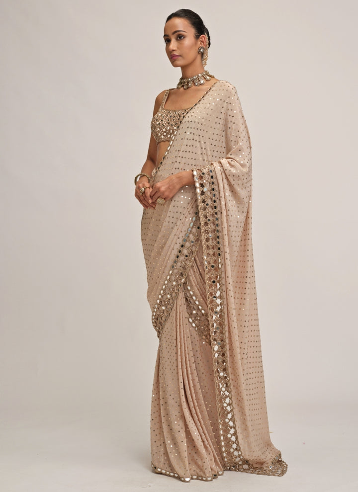 Beige Gold Embroidered Georgette Pre-Draped Saree