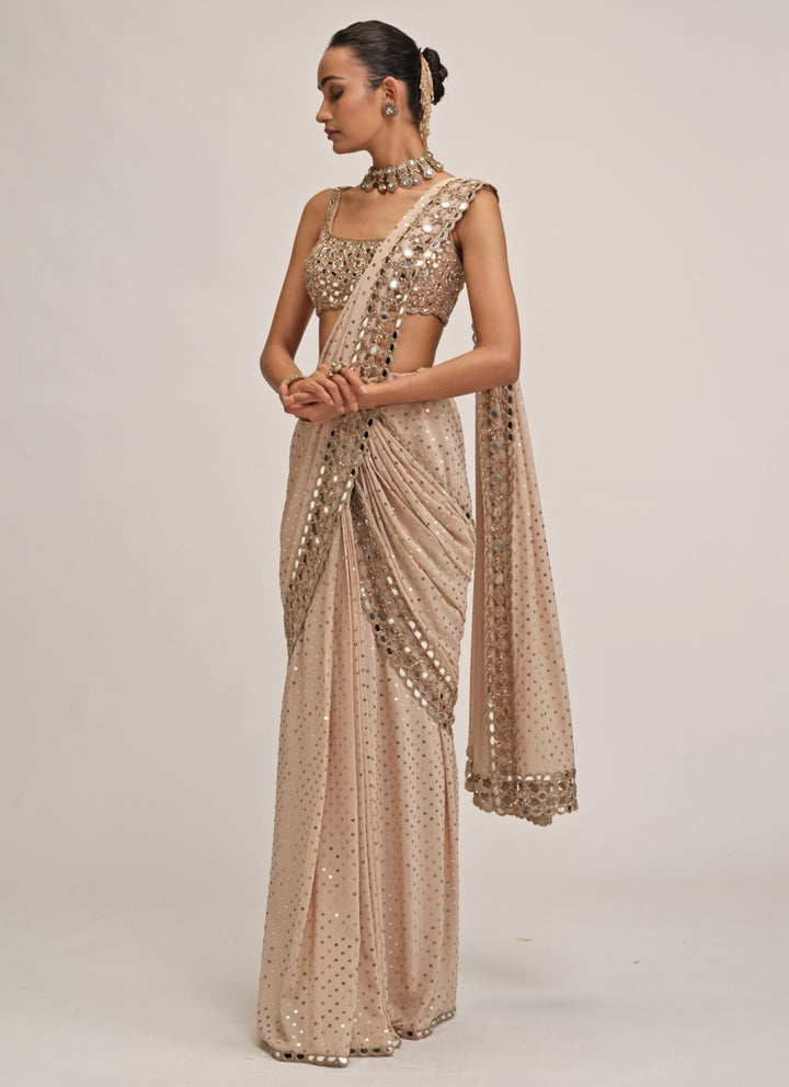 Beige Gold Embroidered Georgette Pre-Draped Saree