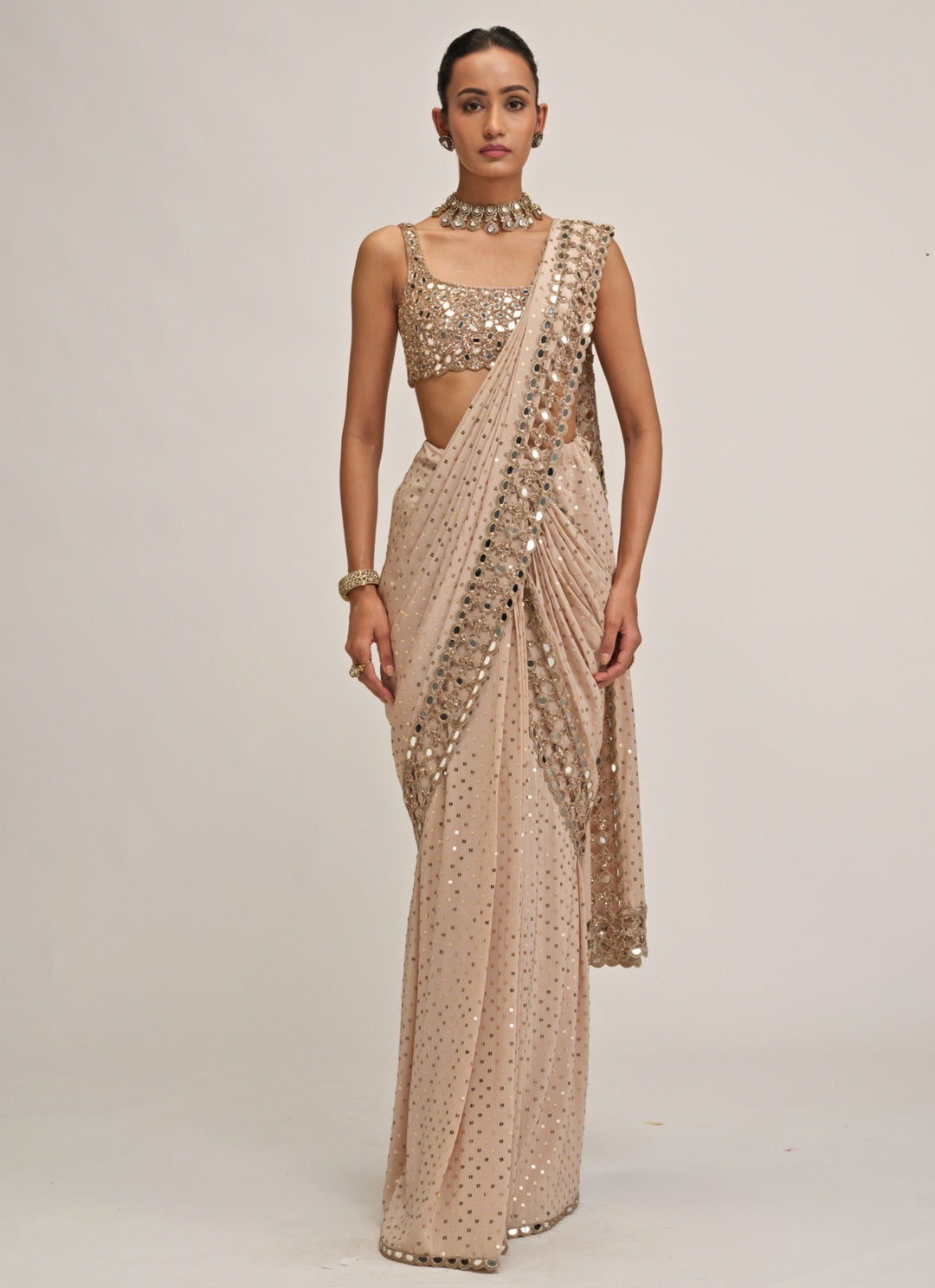 Beige Gold Embroidered Georgette Pre-Draped Saree
