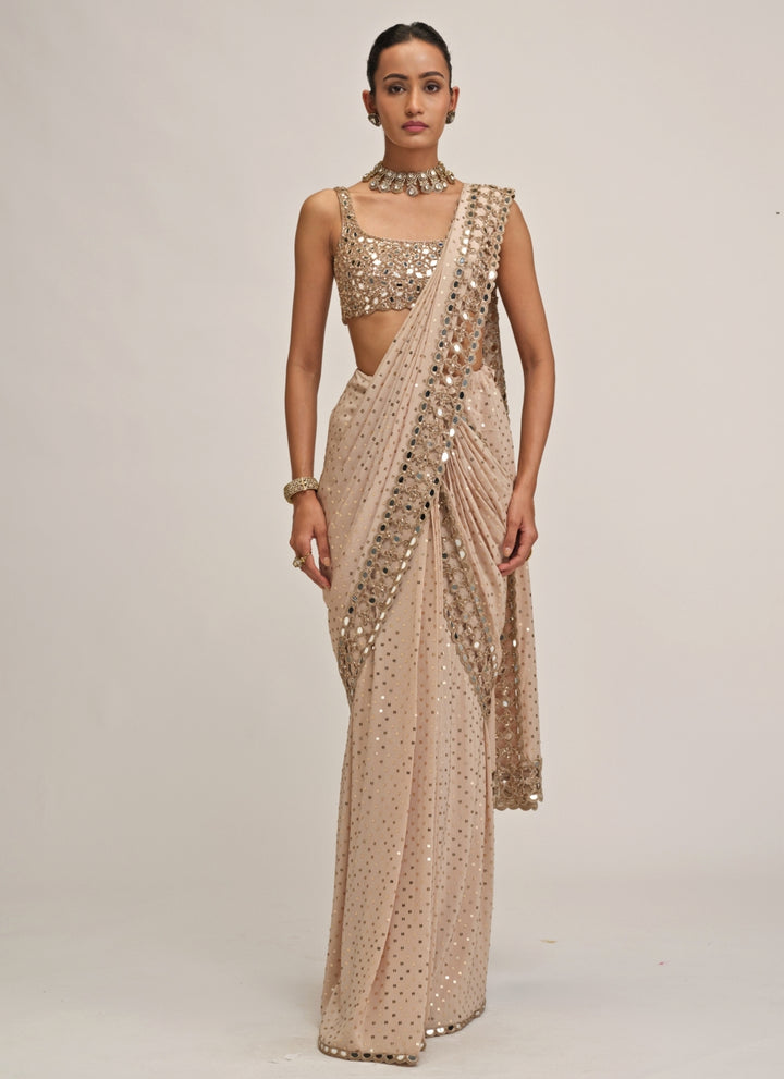 Beige Gold Embroidered Georgette Pre-Draped Saree