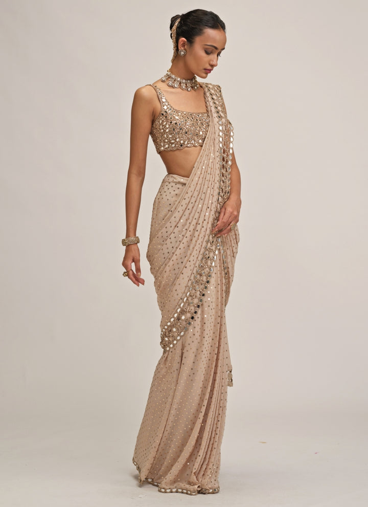 Beige Gold Embroidered Georgette Pre-Draped Saree