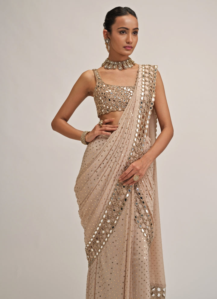 Beige Gold Embroidered Georgette Pre-Draped Saree