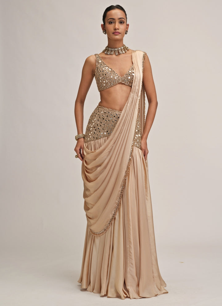 Beige Gold Satin Pre-Draped Saree