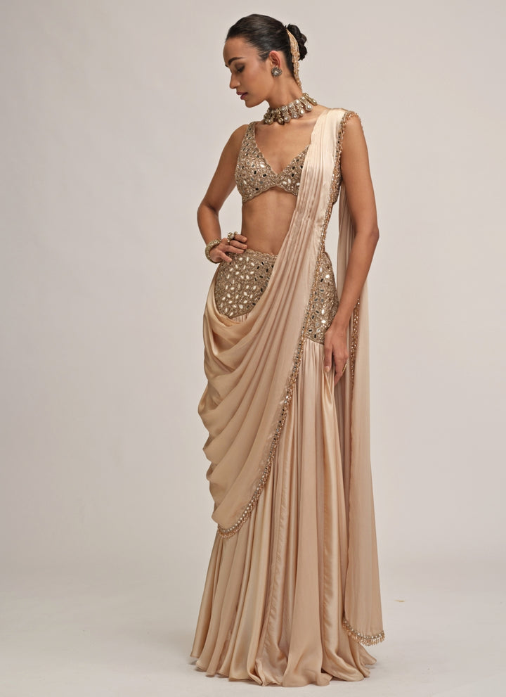 Beige Gold Satin Pre-Draped Saree