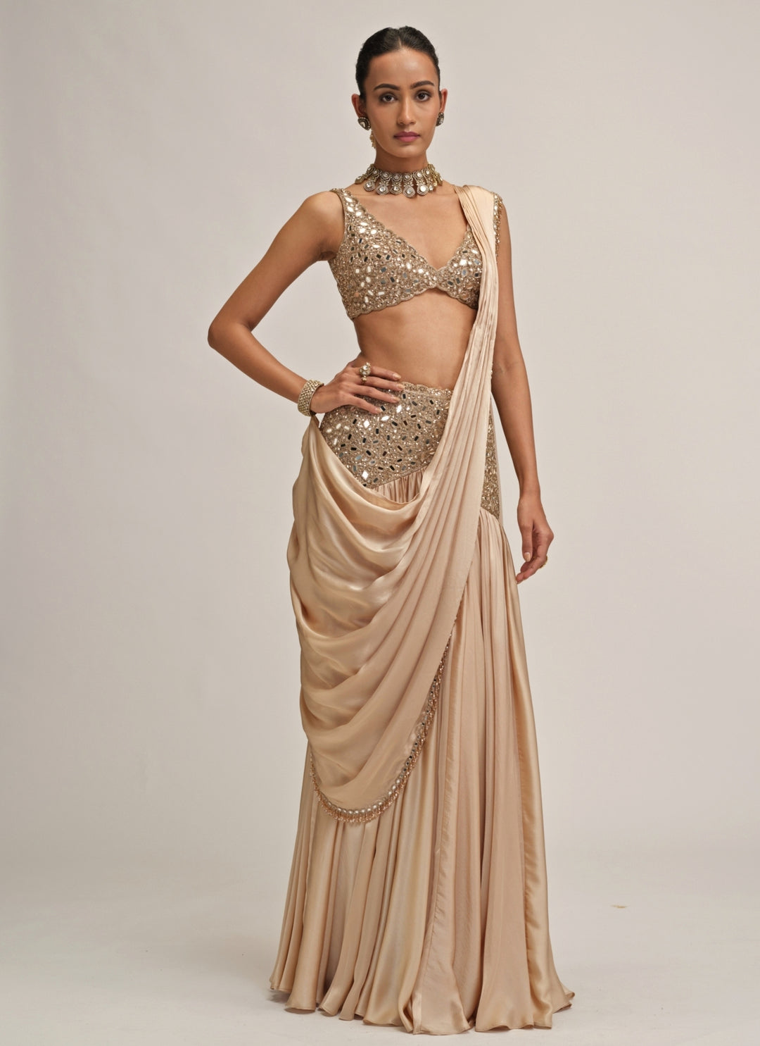 Beige Gold Satin Pre-Draped Saree