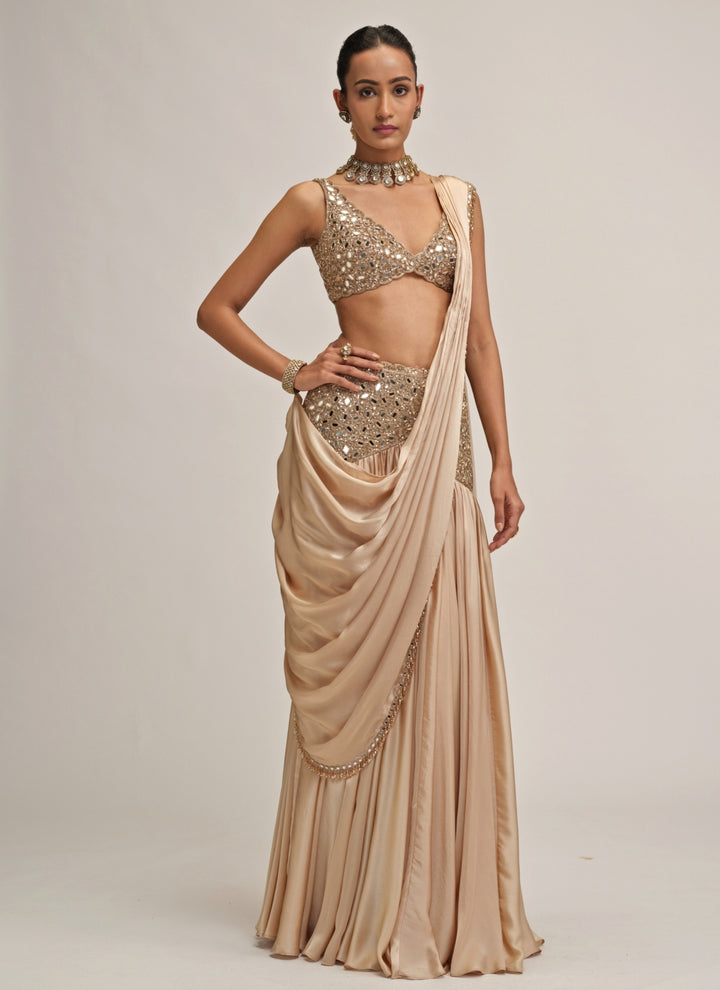 Beige Gold Satin Pre-Draped Saree