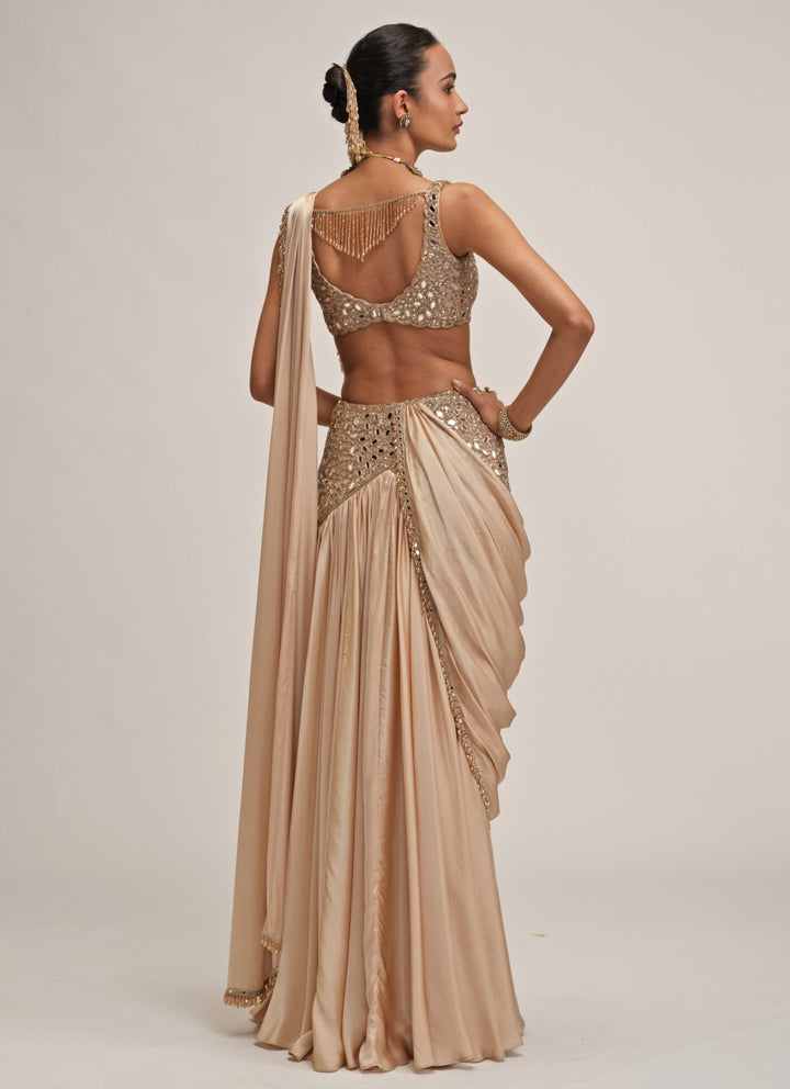Beige Gold Satin Pre-Draped Saree