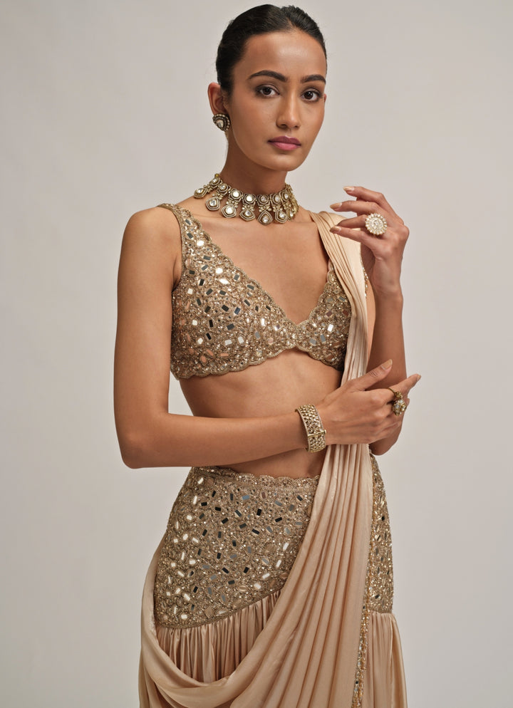Beige Gold Satin Pre-Draped Saree