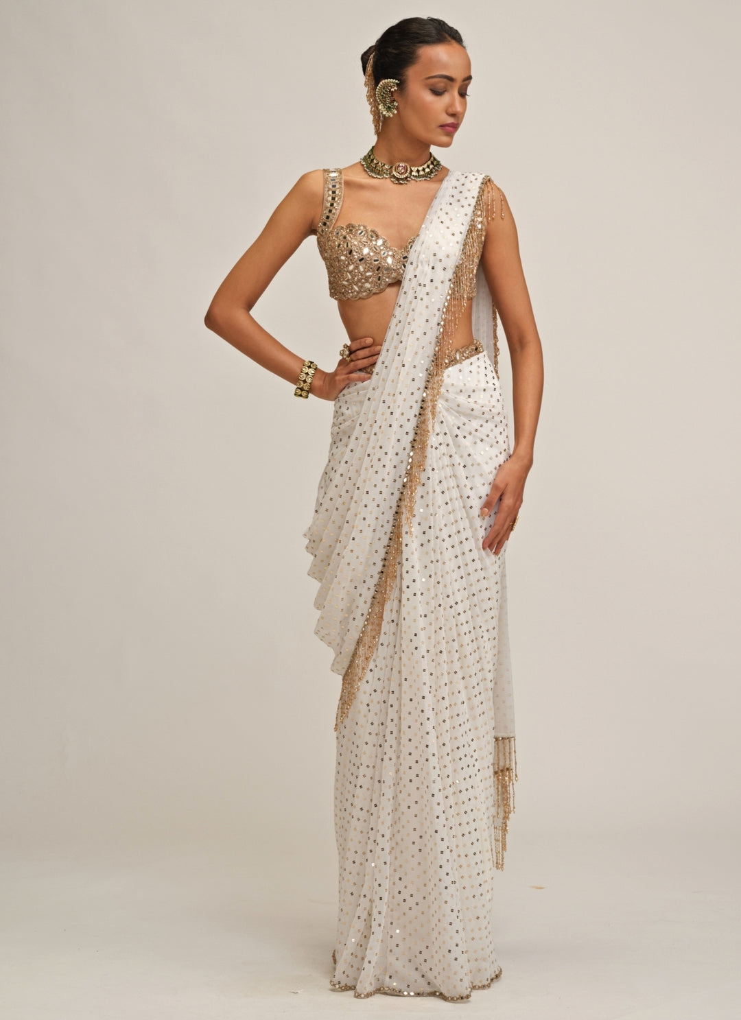 Ivory Embroidered Georgette Pre-Draped Saree
