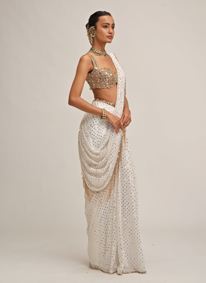 Ivory Embroidered Georgette Pre-Draped Saree