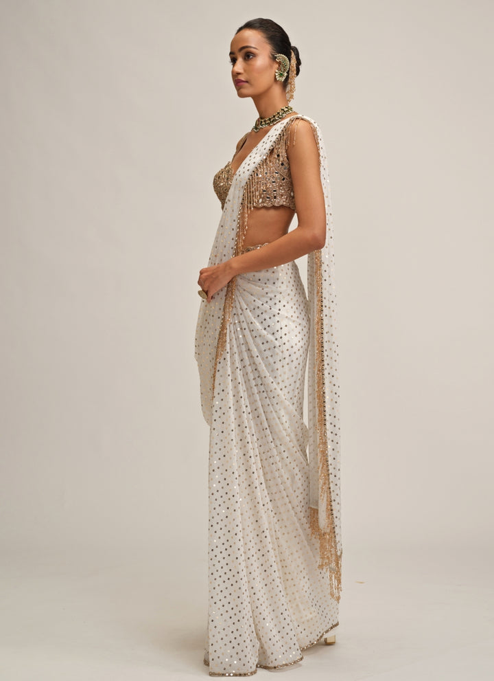 Ivory Embroidered Georgette Pre-Draped Saree