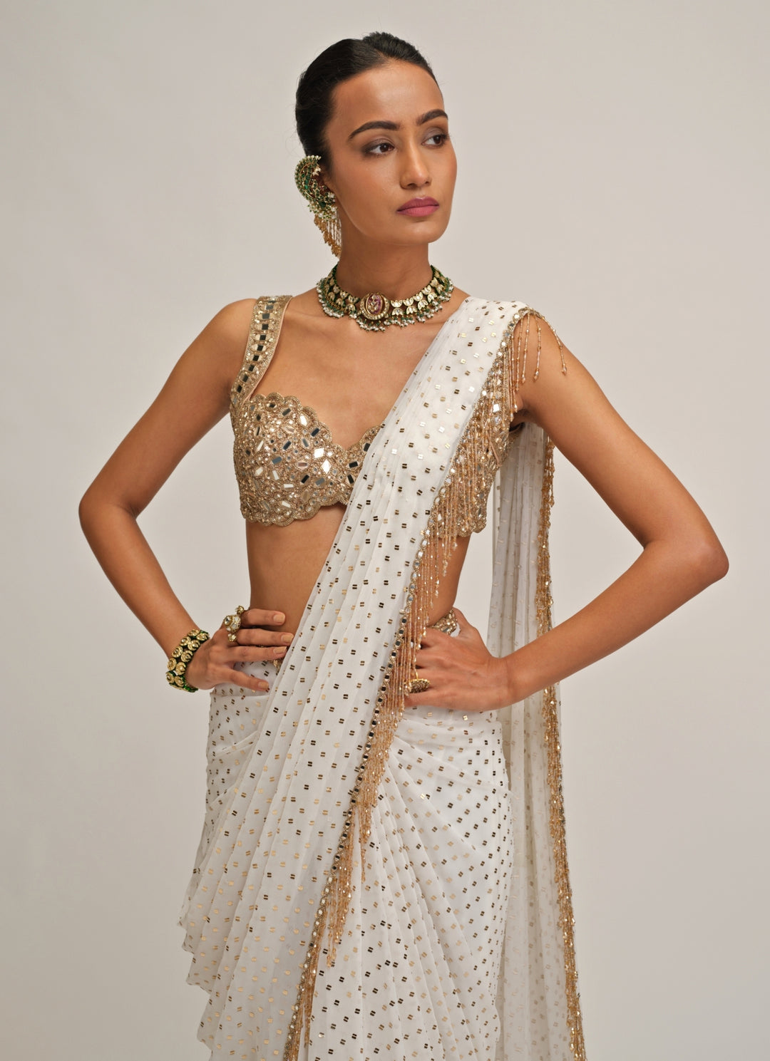 Ivory Embroidered Georgette Pre-Draped Saree