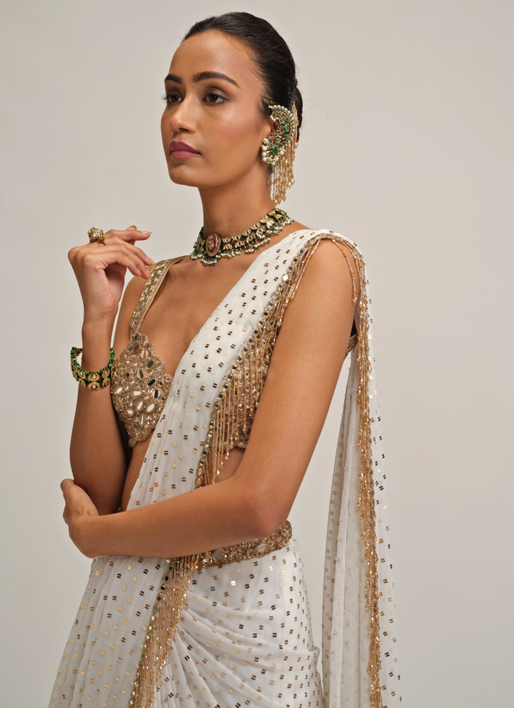Ivory Embroidered Georgette Pre-Draped Saree