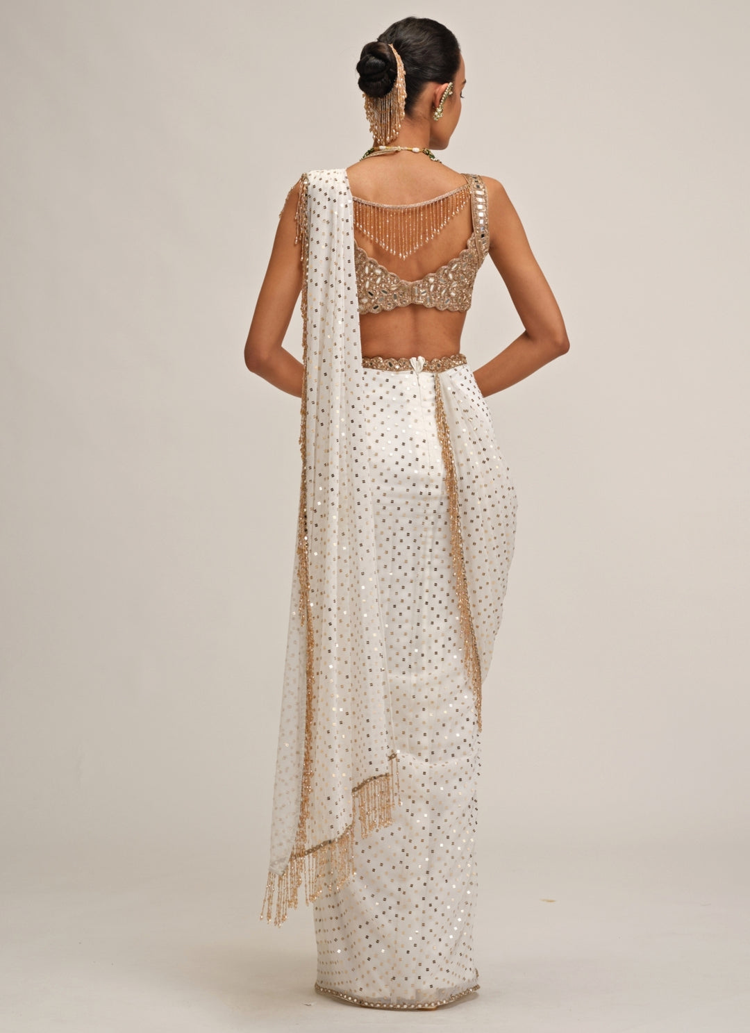 Ivory Embroidered Georgette Pre-Draped Saree