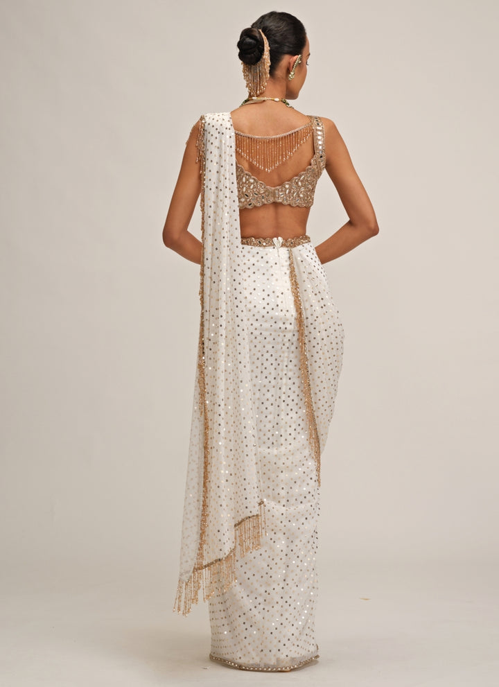 Ivory Embroidered Georgette Pre-Draped Saree