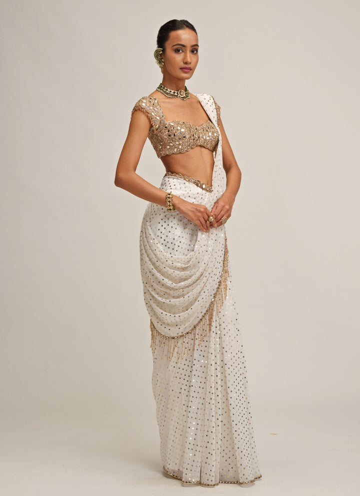 Ivory Embroidered Georgette Pre-Draped Saree