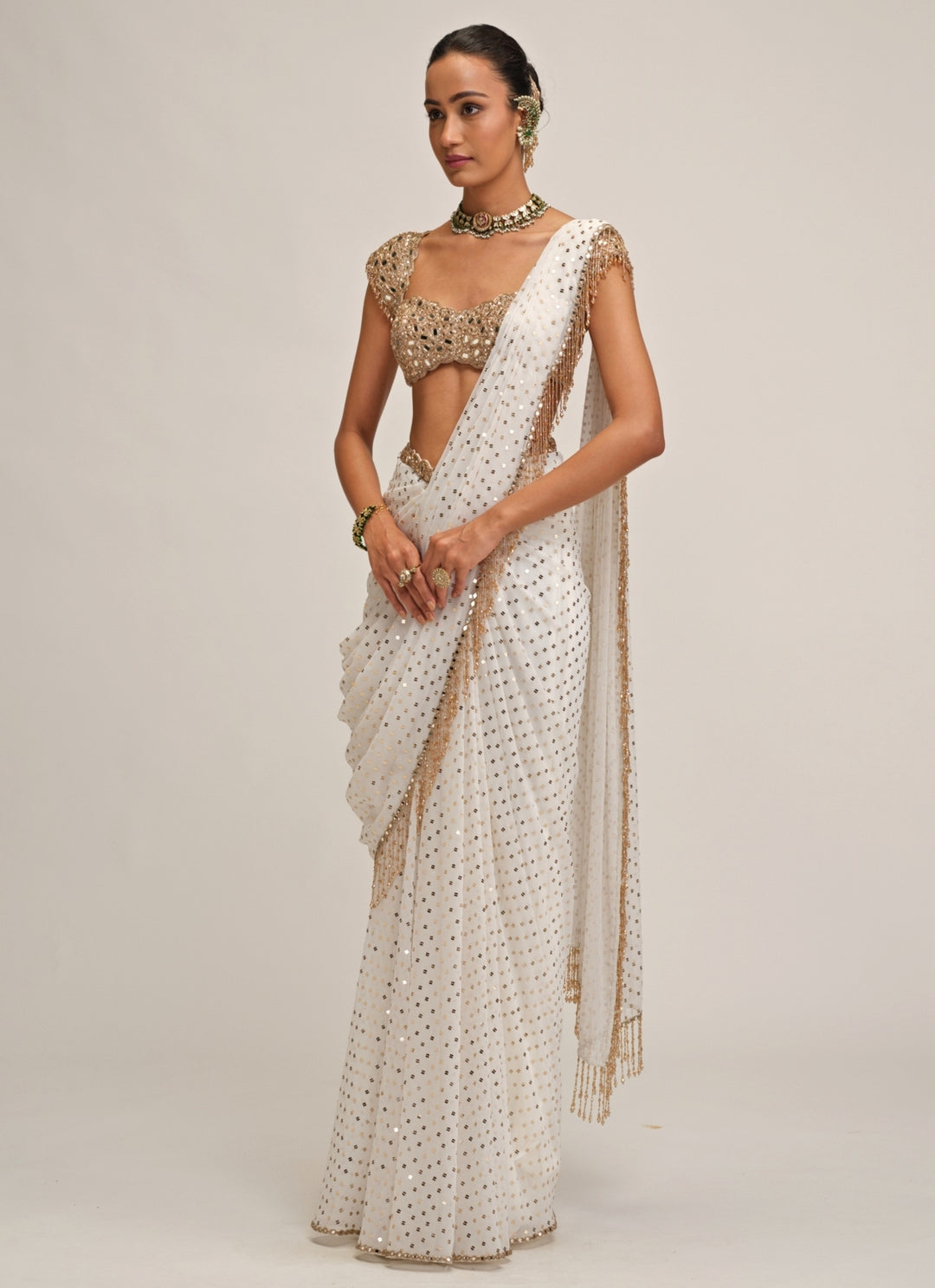 Ivory Embroidered Georgette Pre-Draped Saree