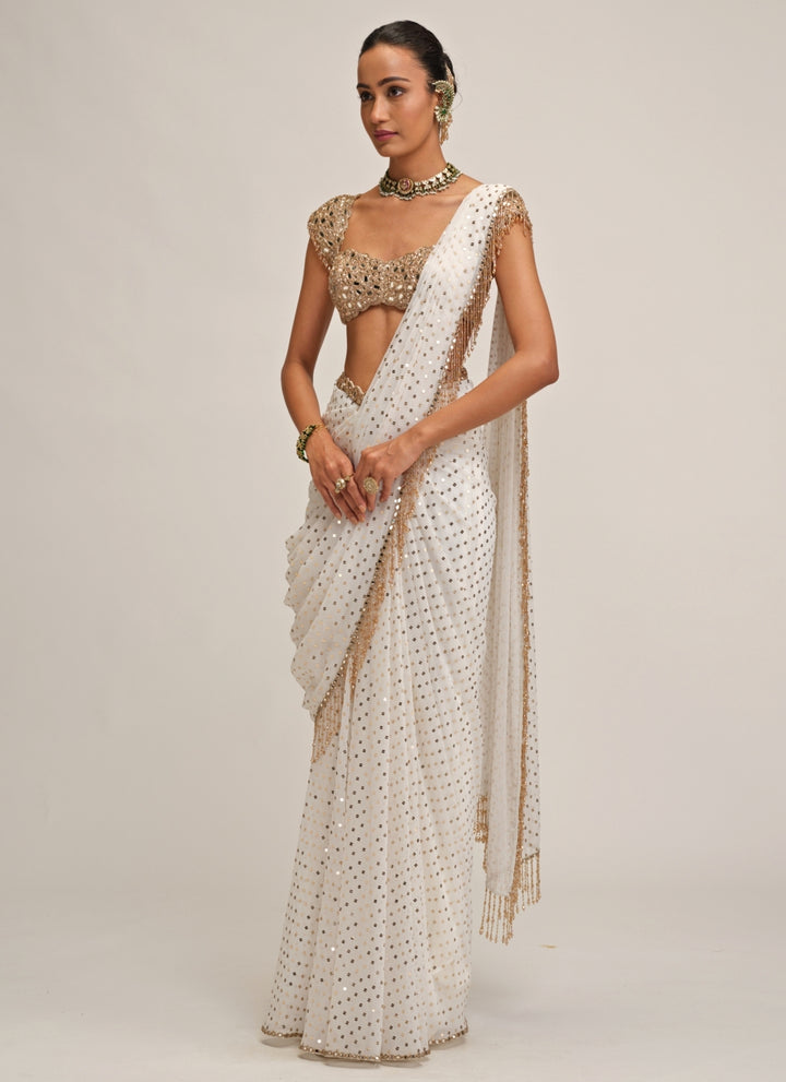 Ivory Embroidered Georgette Pre-Draped Saree