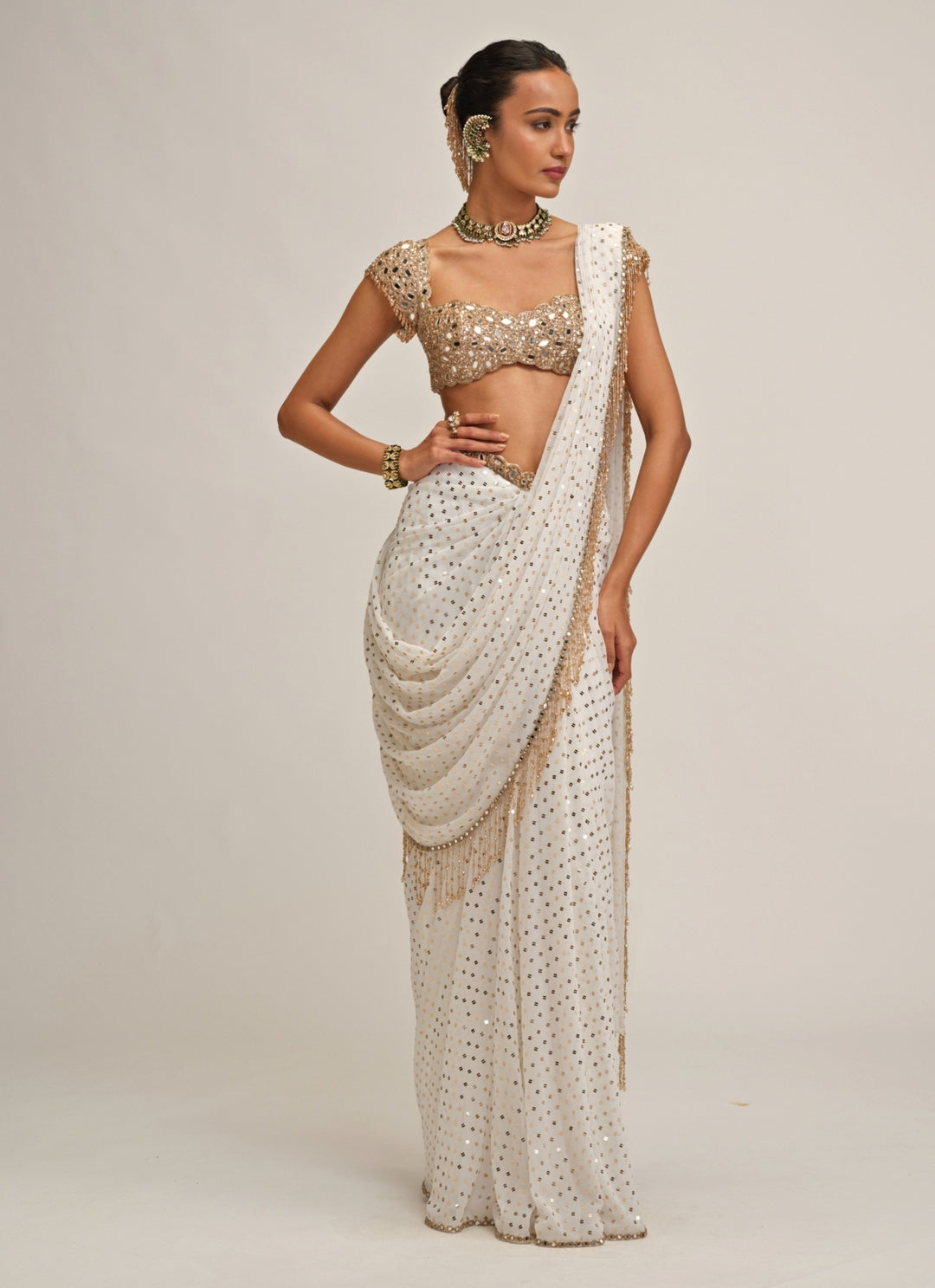 Ivory Embroidered Georgette Pre-Draped Saree