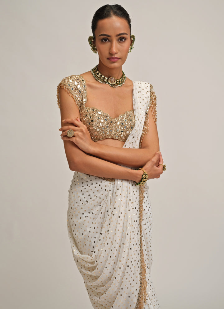 Ivory Embroidered Georgette Pre-Draped Saree