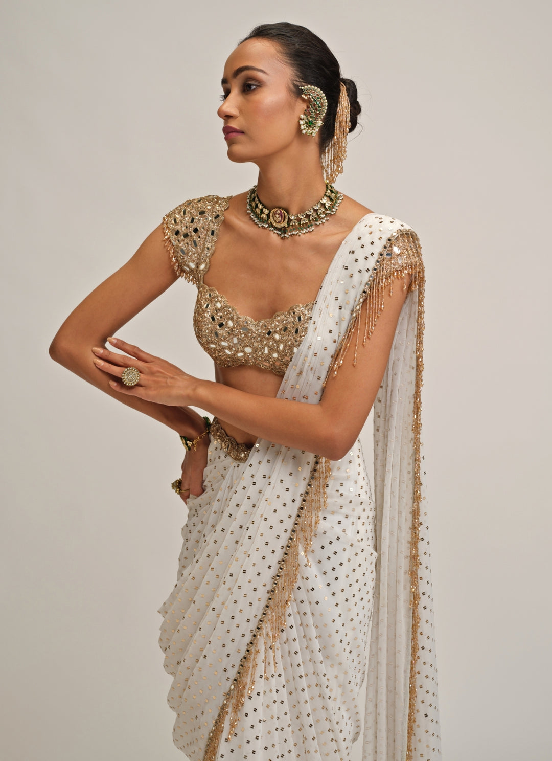 Ivory Embroidered Georgette Pre-Draped Saree