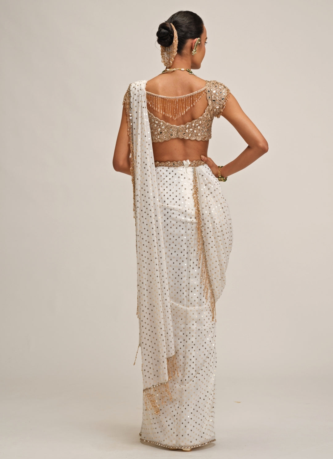 Ivory Embroidered Georgette Pre-Draped Saree