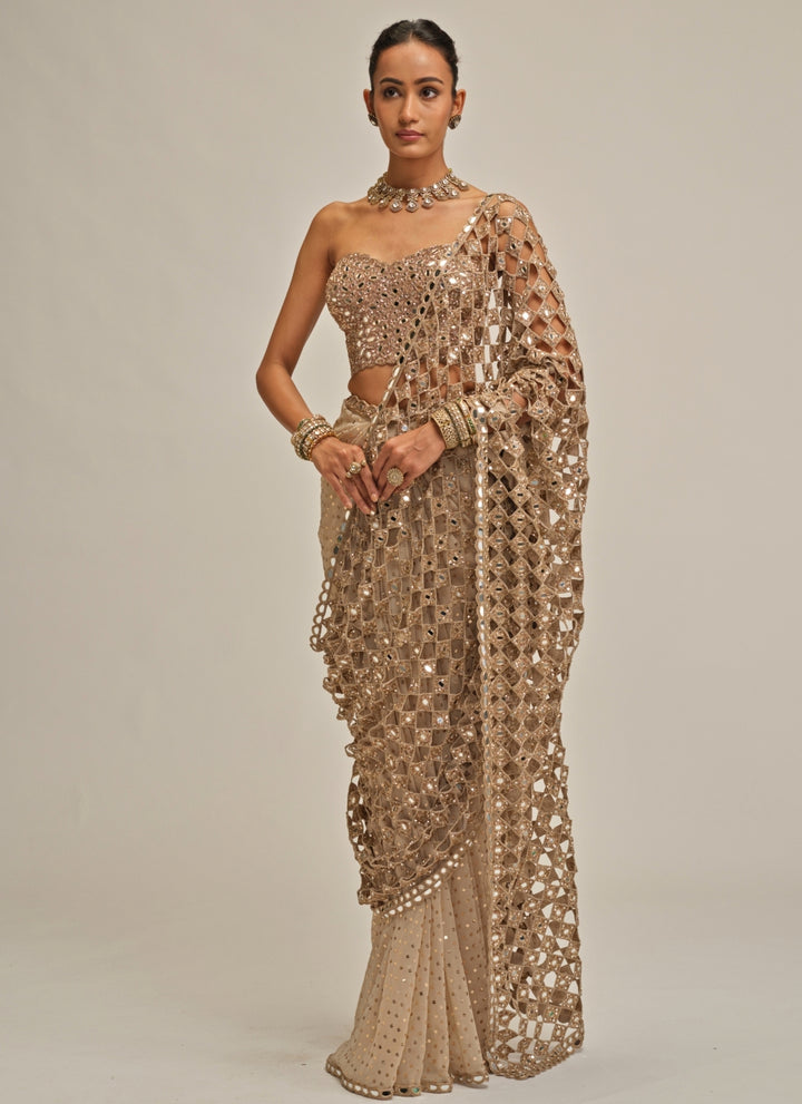 Beige Gold Crepe Cutwork Pallu Pre-Draped Saree With Corset Blouse