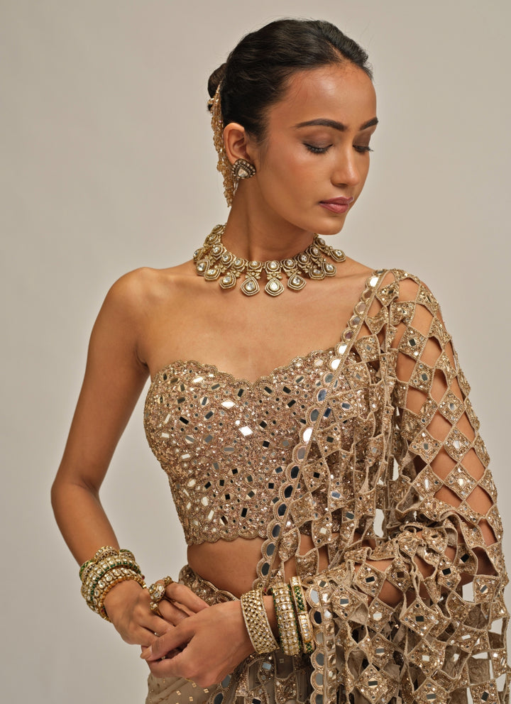 Beige Gold Crepe Cutwork Pallu Pre-Draped Saree With Corset Blouse
