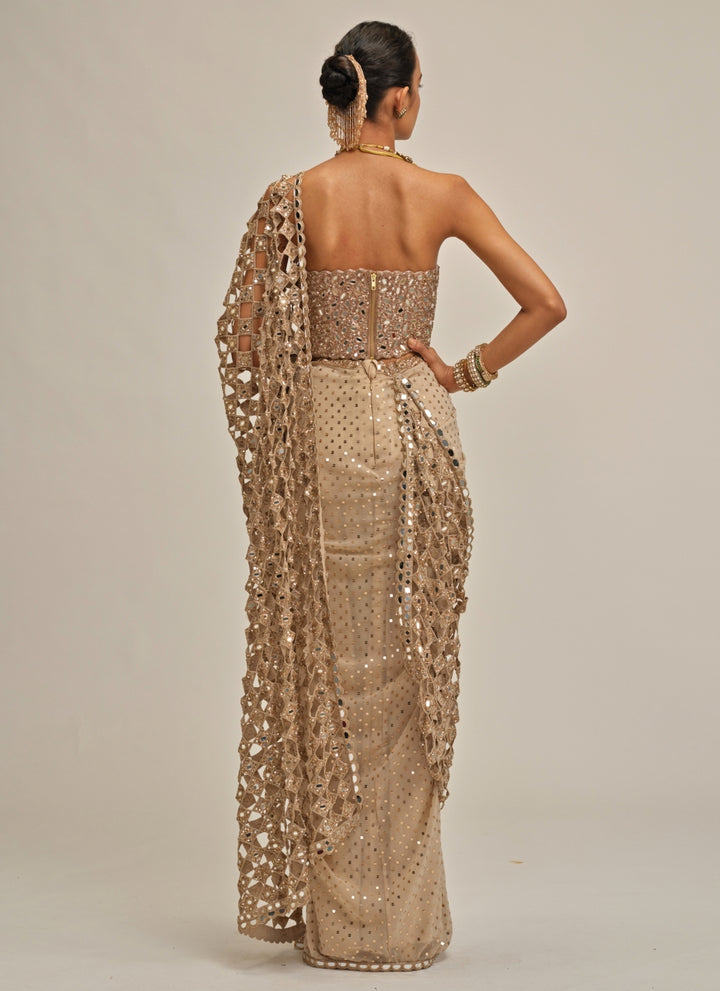 Beige Gold Crepe Cutwork Pallu Pre-Draped Saree With Corset Blouse