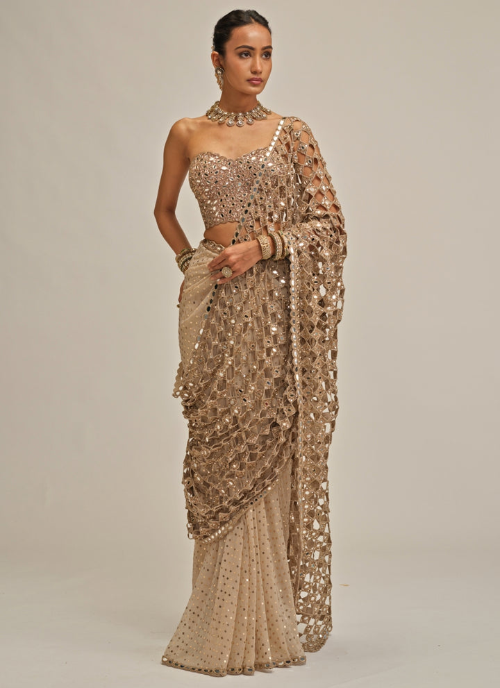 Beige Gold Crepe Cutwork Pallu Pre-Draped Saree With Corset Blouse